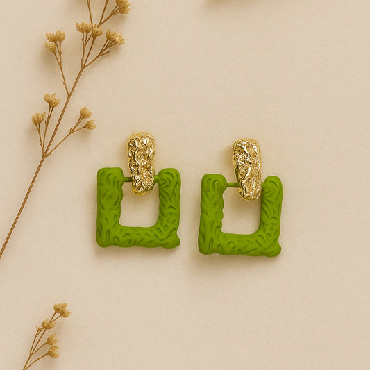 Trendy Green Textured Square Stud Earrings