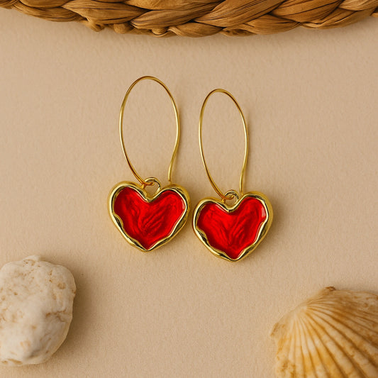 Colour Pour Red Heart Loop Earrings – Korean Statement Dangle Jewelry in Gold Finish