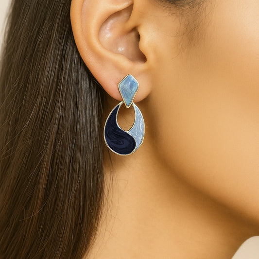 Gold Blue & Grey Enamel Drop Earrings