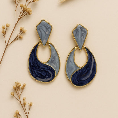 Gold Blue & Grey Enamel Drop Earrings
