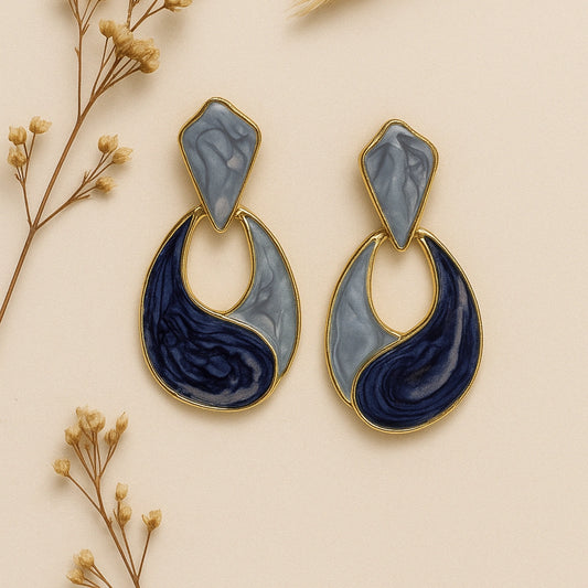 Gold Blue & Grey Enamel Drop Earrings