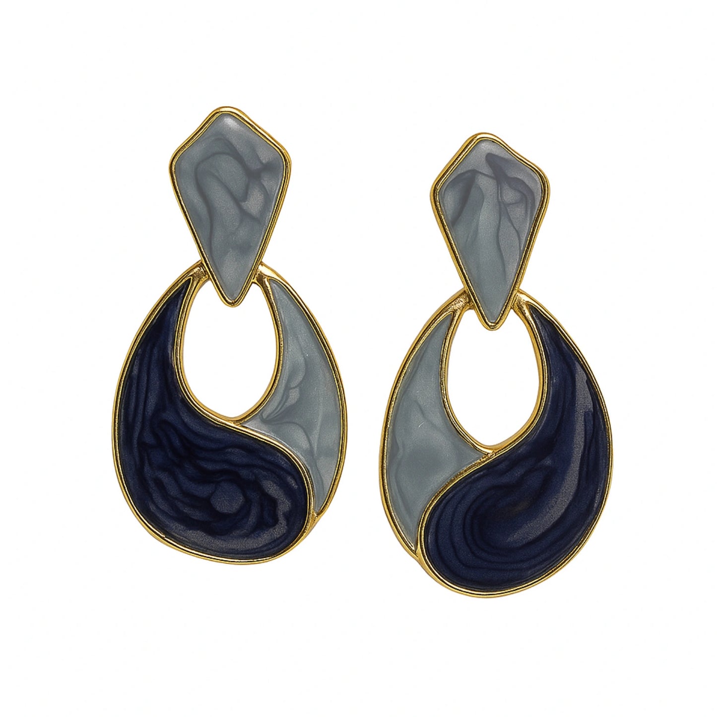 Gold Blue & Grey Enamel Drop Earrings