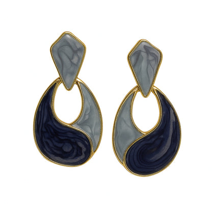 Gold Blue & Grey Enamel Drop Earrings